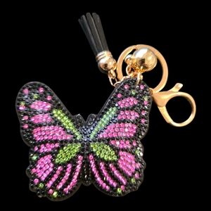 Butterfly Rhinestone Bag Charm Keychain with Gold Accents